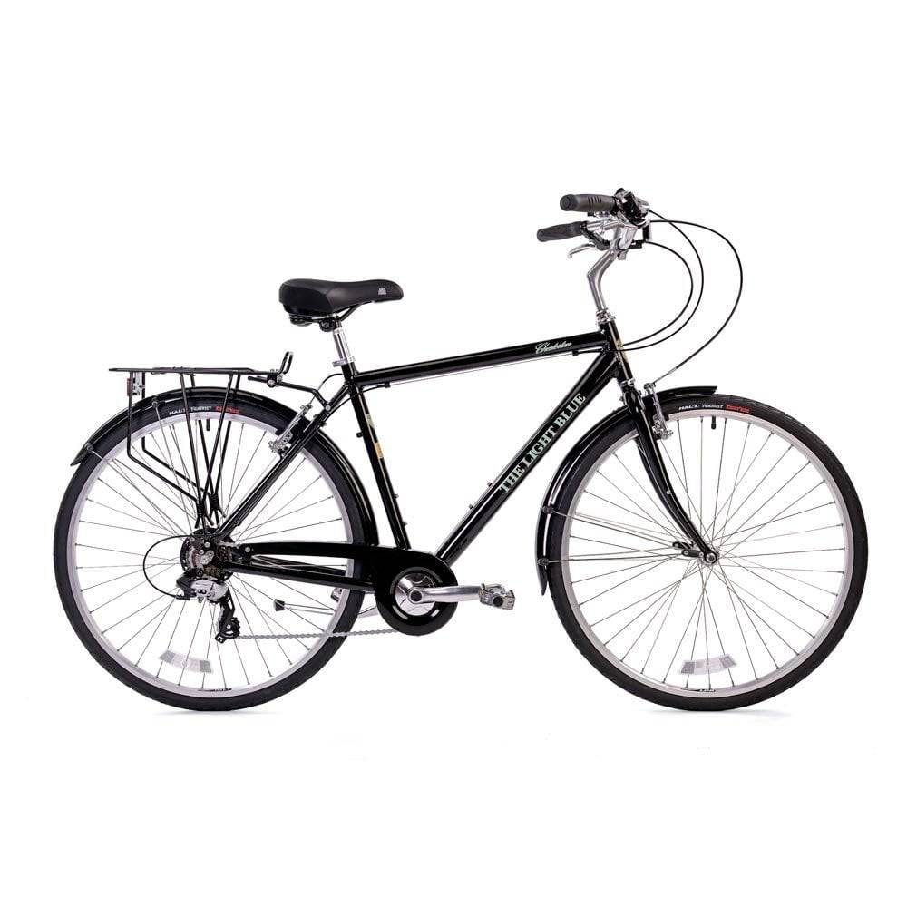Light Blue Chesterton 7-speed city hybrid bike with rear carrier and mudguards, showing the frame, wheels, and handlebar.