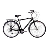 Light Blue Chesterton 7-speed city hybrid bike with rear carrier and mudguards, showing the frame, wheels, and handlebar.