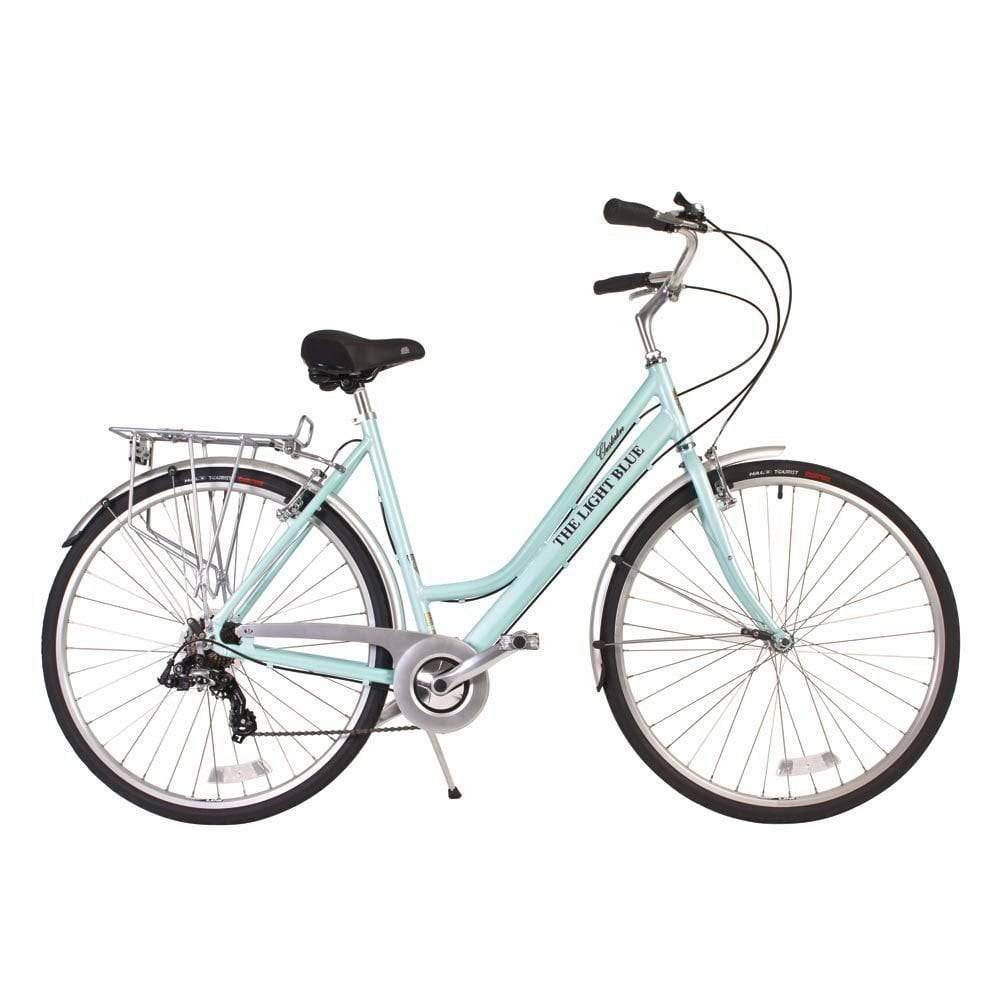 Light Blue Chesterton 7-speed city hybrid bike with step-thru frame, ideal for urban commuting and comfortable city riding.