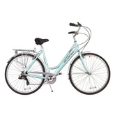 Light Blue Chesterton 7-speed city hybrid bike with step-through frame, ideal for urban commuting and everyday riding.