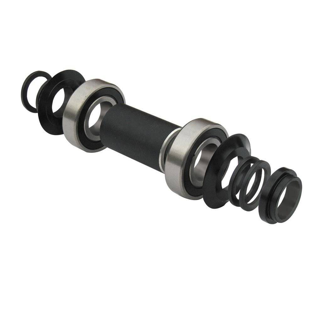 Gusset Components mid bottom bracket set with 19mm axle, spacers, and hardware for bike crank assembly.