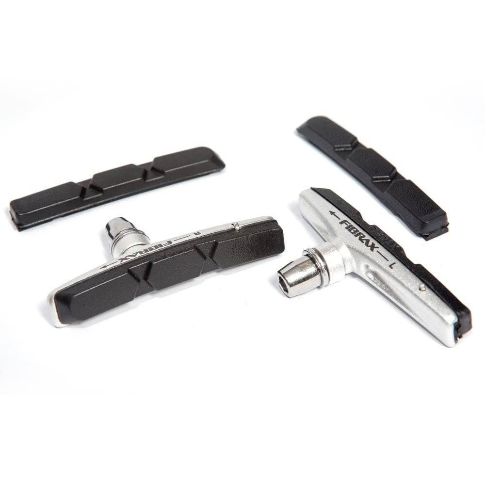 Fibrax SH-750 bike brake pads with alloy shoes and spare inserts, designed for reliable braking performance.