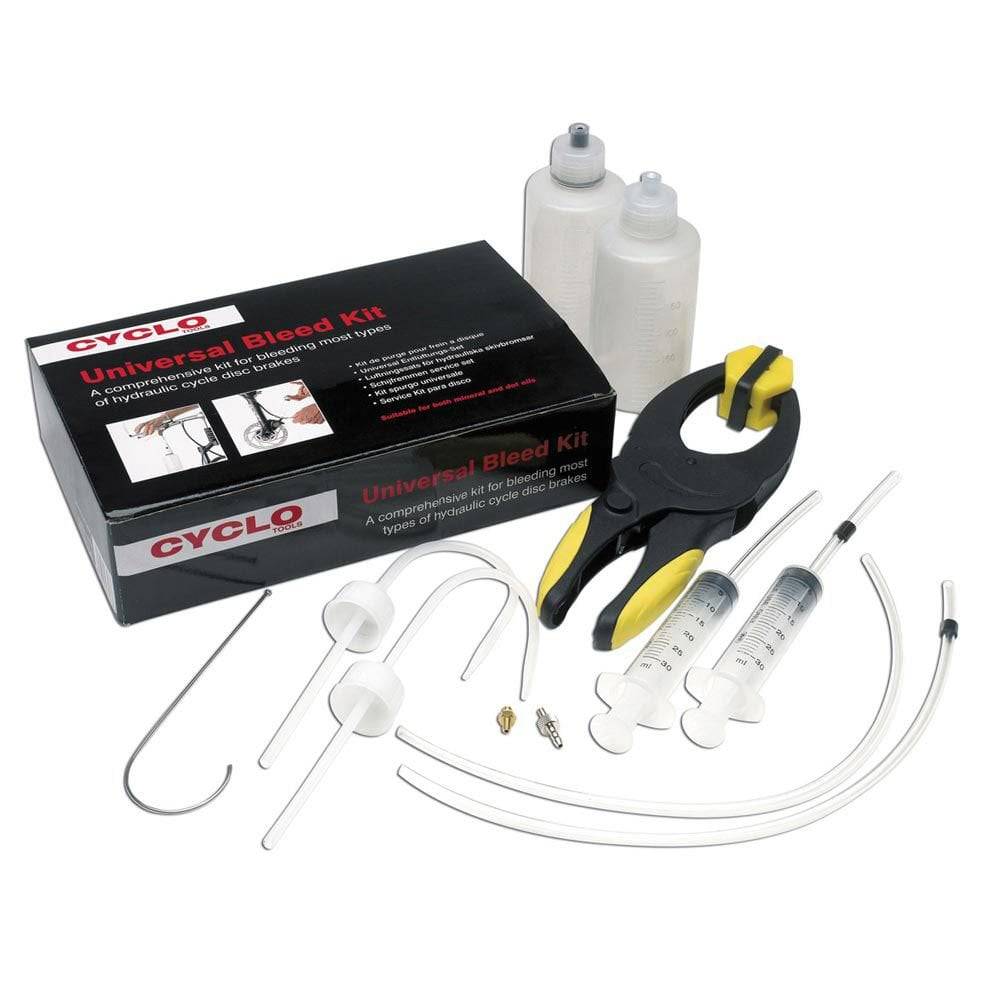 Cyclo Tools universal hydraulic disc brake bleed kit components with various spare parts for bike maintenance.