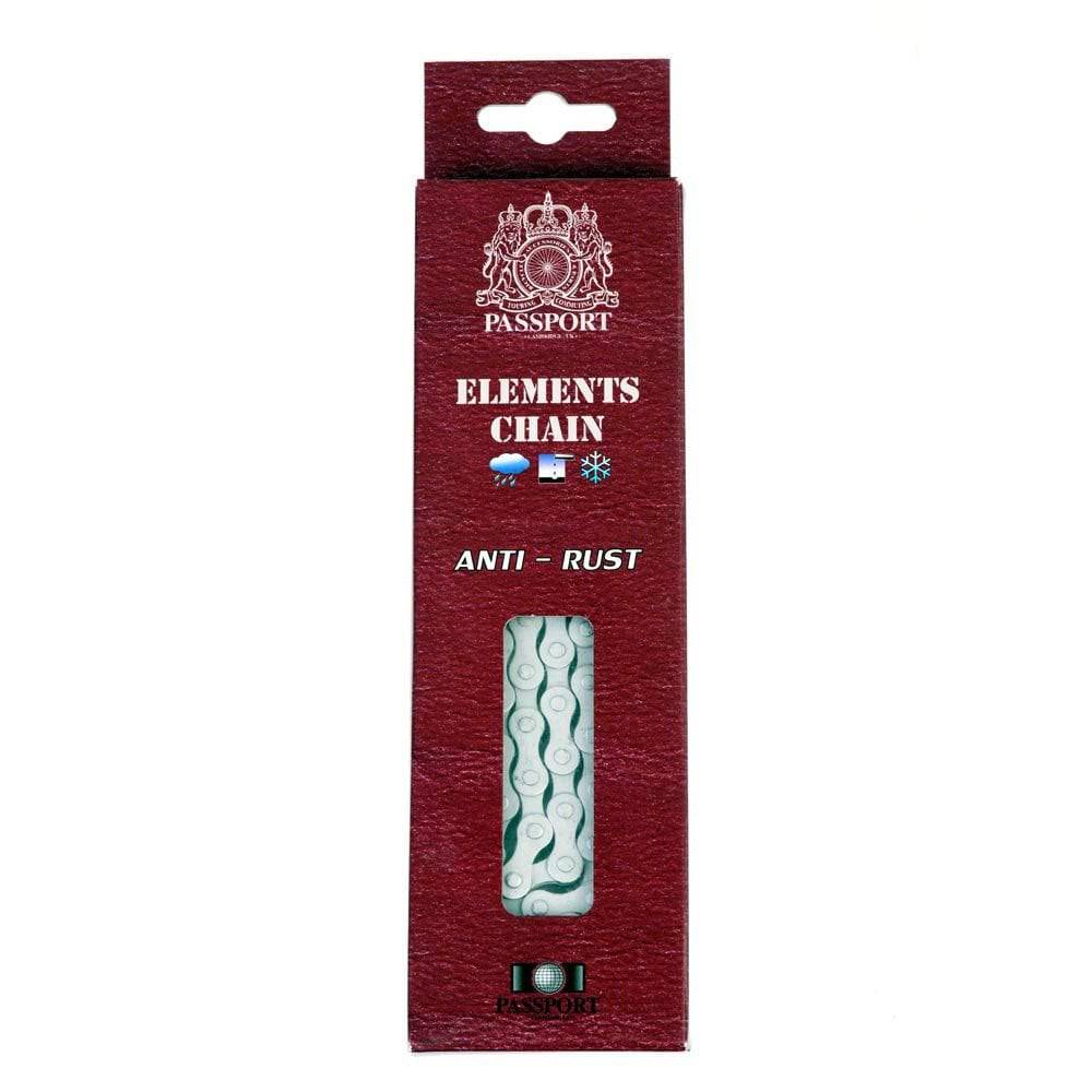 Passport Elements anti-rust bike chain component with corrosion resistance, ideal for commuter bicycles, showing the chain and links.
