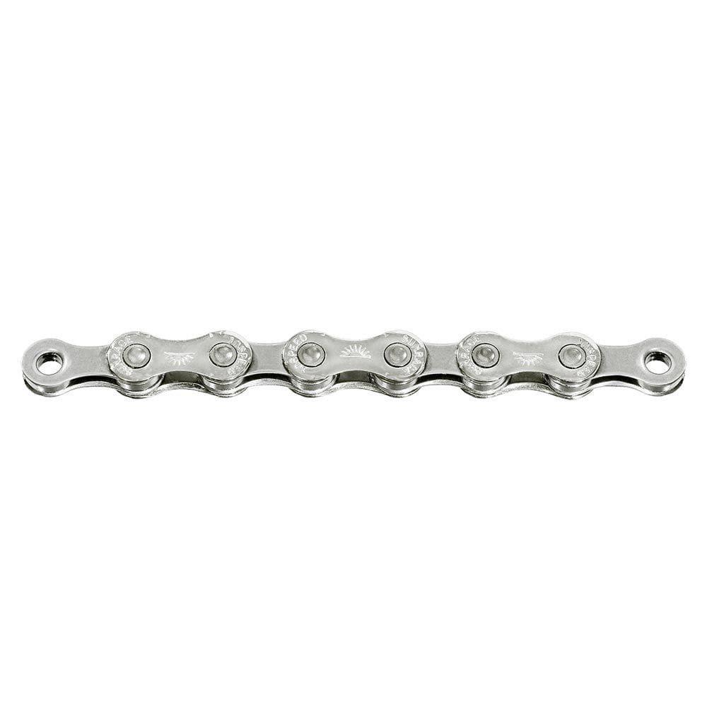 SunRace CN10A bike chain showing silver metal links, designed for durable and smooth drivetrain performance on bicycles.
