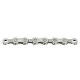 SunRace CN10A bike chain showing silver metal links, designed for durable and smooth drivetrain performance on bicycles.