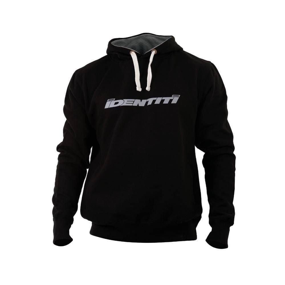 Identiti F-print logo hoodie jersey with pockets, hood, and headphone cord feed, unisex casual clothing.