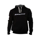 Identiti F-print logo hoodie jersey with pockets, hood, and headphone cord feed, unisex casual clothing.