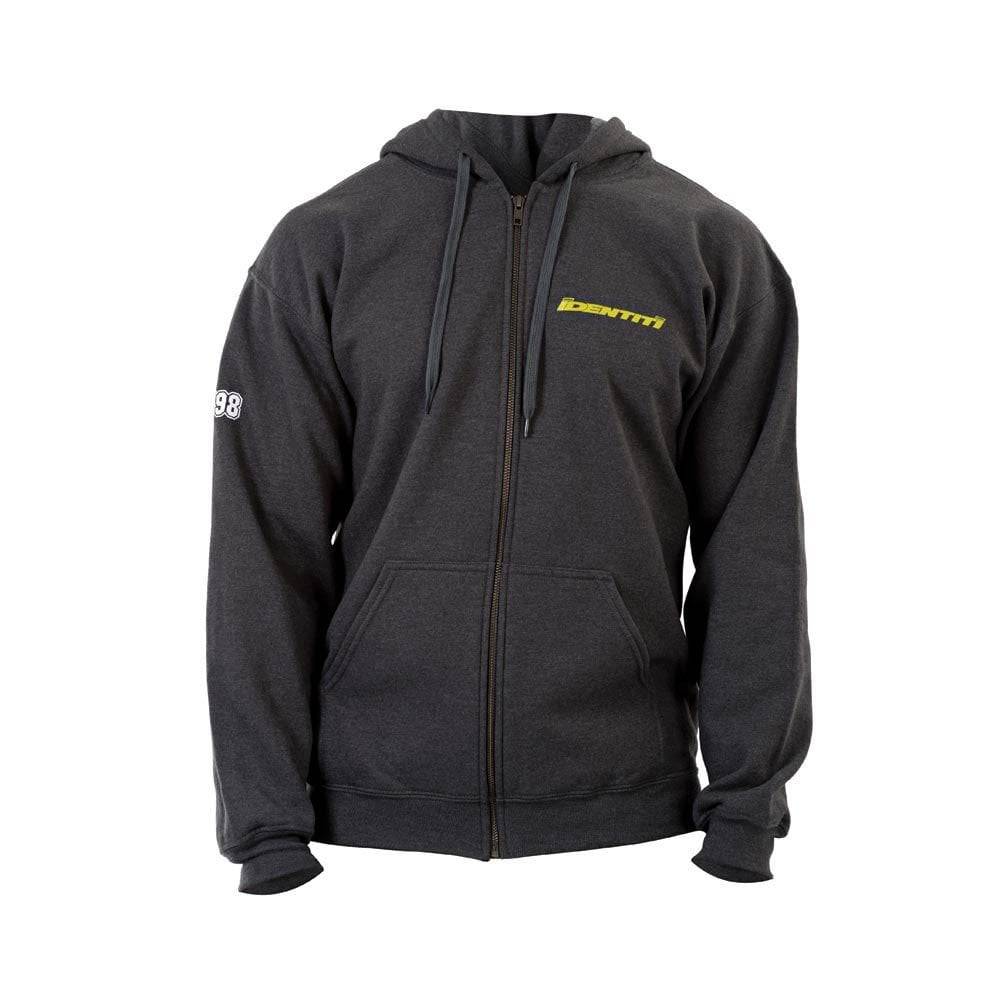 Unisex Identiti logo zip hoodie in classic fit fleece knit, featuring a front zipper and logo detail.