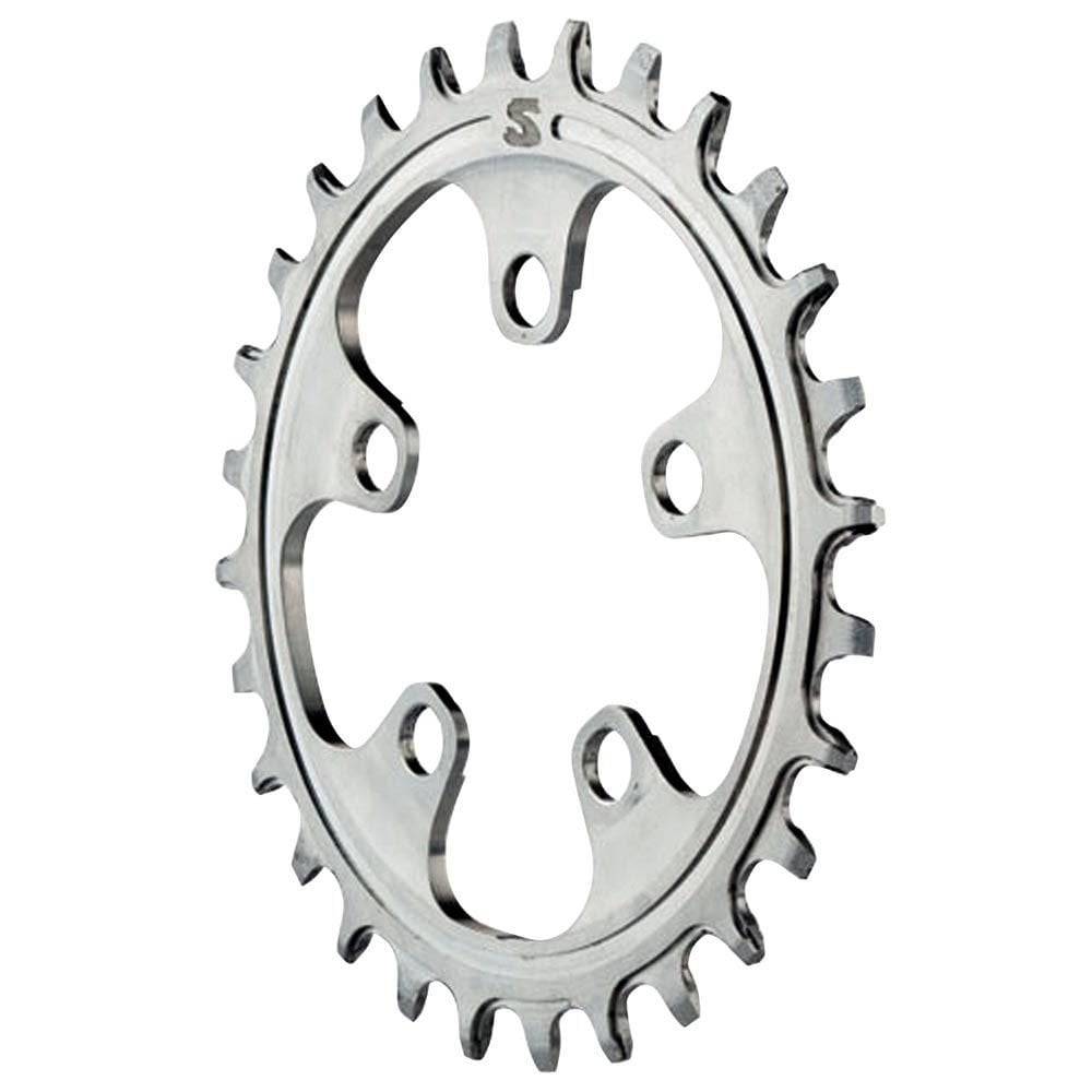 Surly X-Sync stainless steel chainring for 1x mountain bike drivetrain, shown mounted on a bike crankset.
