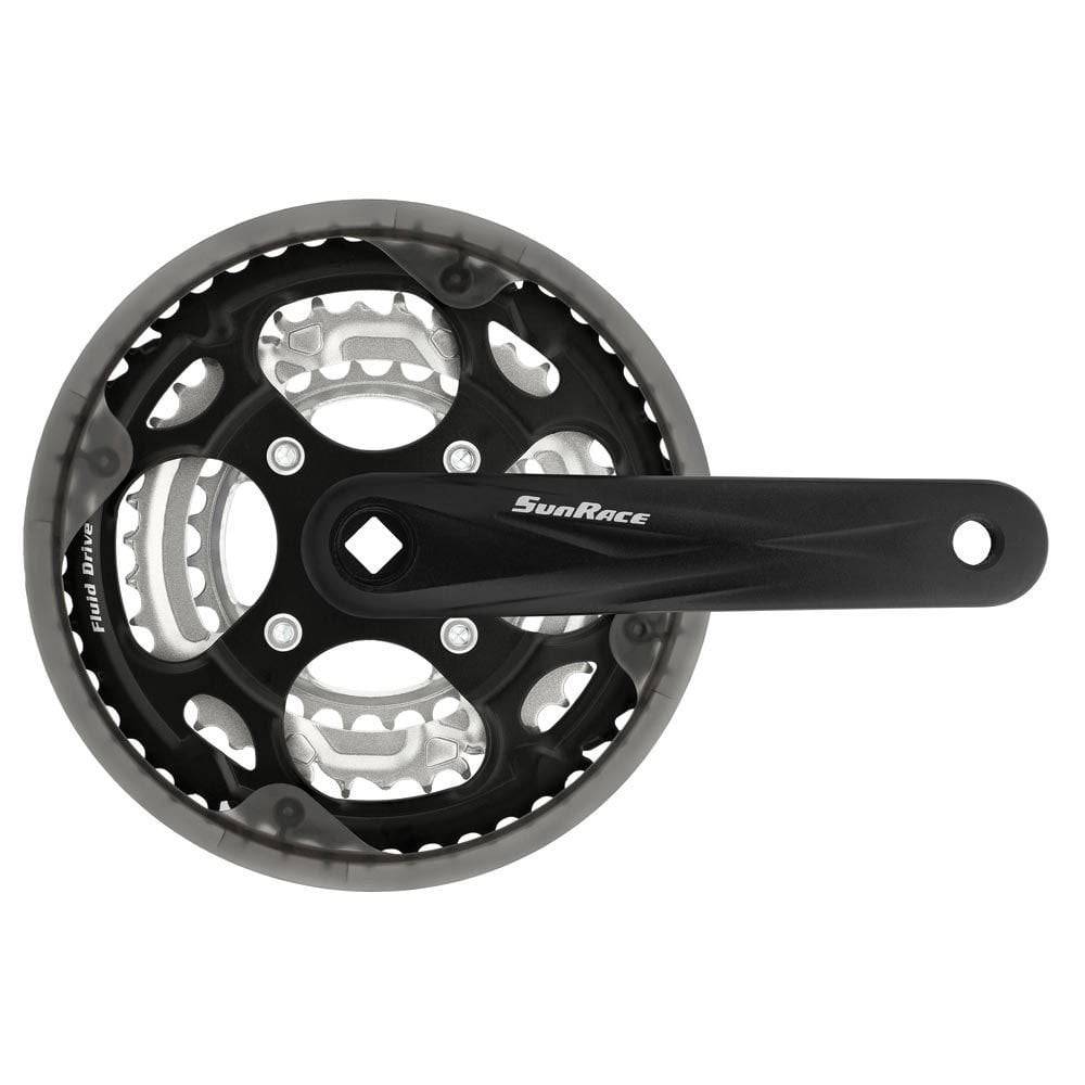 SunRace FCM300 triple crankset for MTB with chain guard cover, 3x8/7-speed bike components, showing crank arms and chainring.