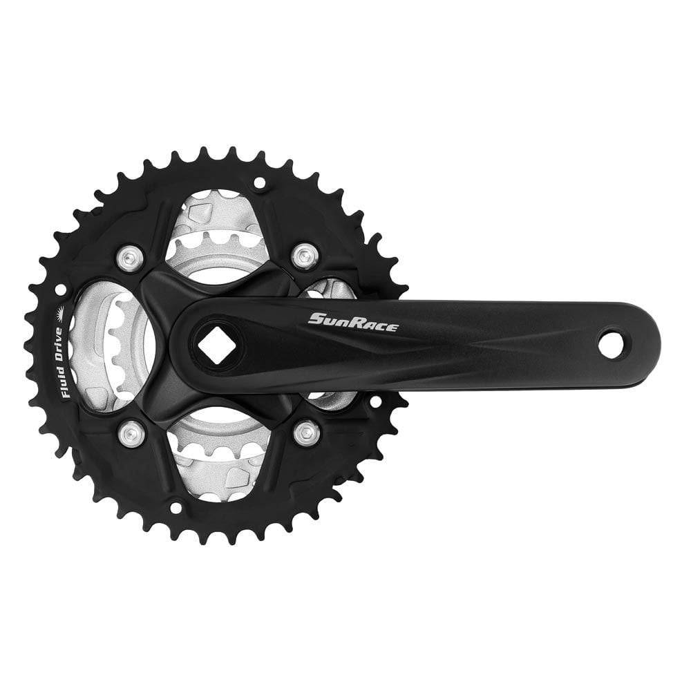 SunRace FCM500 triple crankset with 42-34-24T chainrings for 3x8/7-speed mountain bike drivetrain, showing crank arms and chainrings.