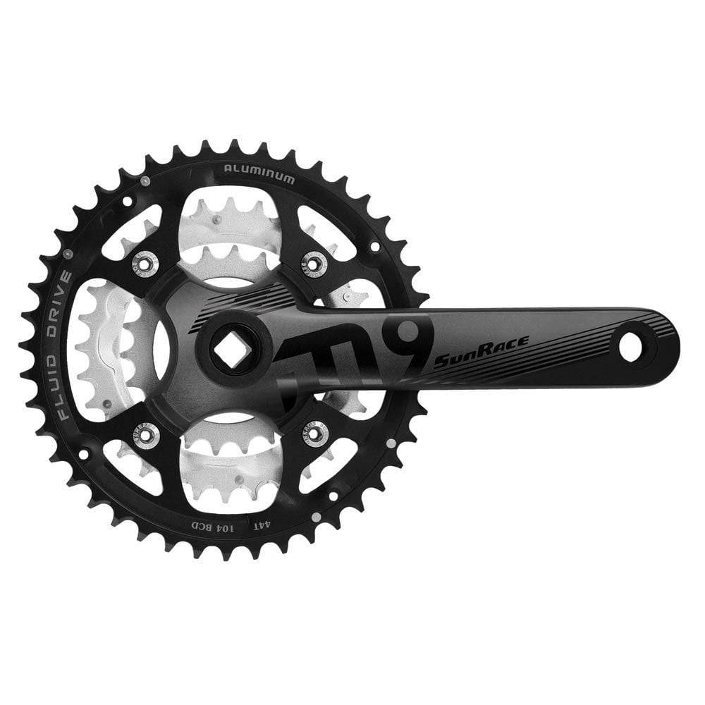 Sunrace FCM914 triple crankset for MTB with 3x9-speed gearing and square taper bottom bracket, shown with chainrings and crank arms.