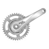 Sturmey Archer FCS608 single crankset with 38T chainring for MTB bikes, close-up of black component with chainring teeth visible.