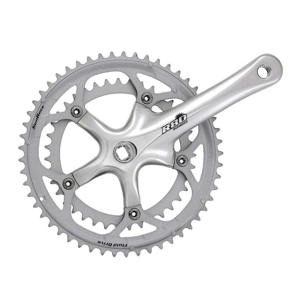 SunRace FCR818 double 8-speed road bike crankset with Super Fluid Drive technology, showing crank arms and chainring details.