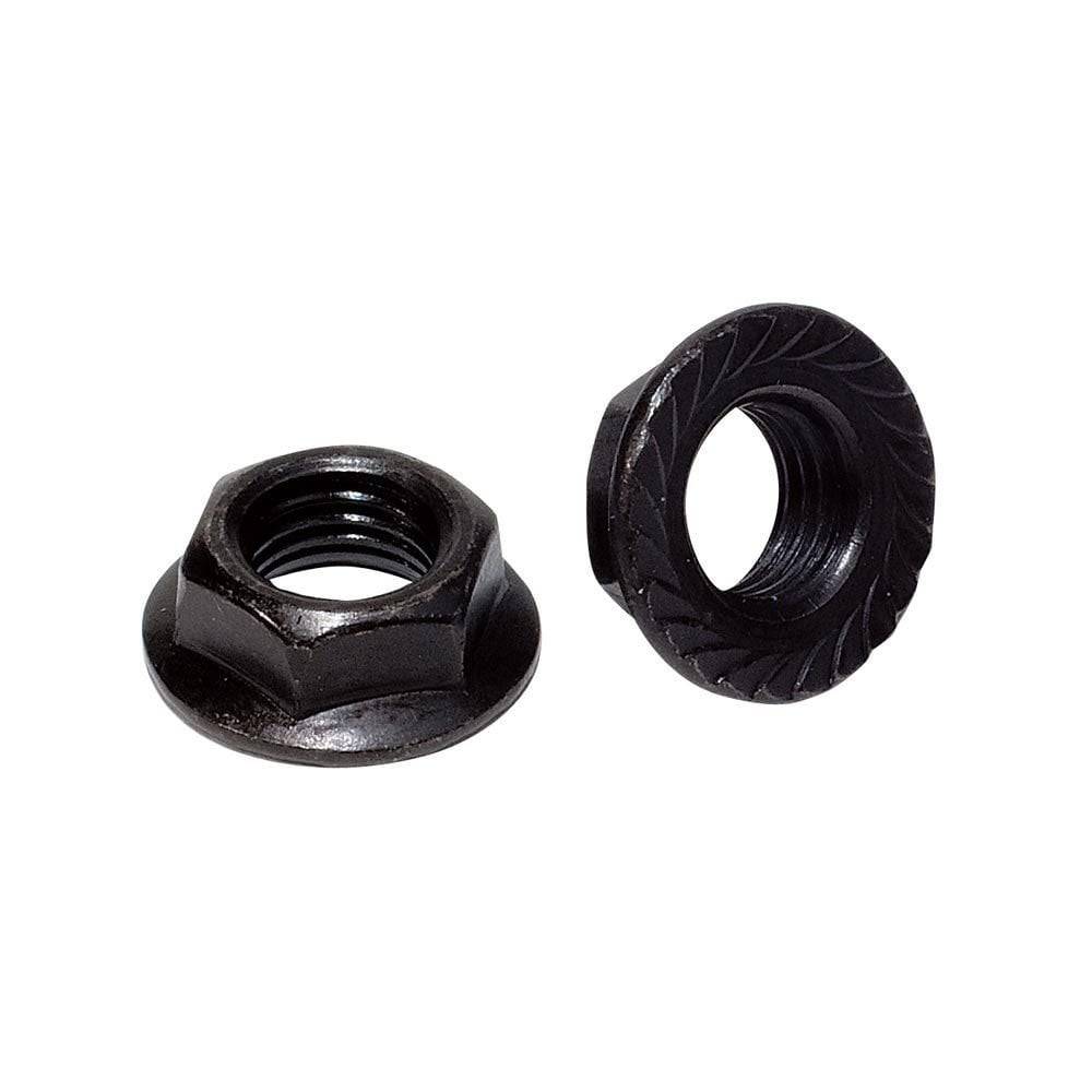 Weldtite cotterless axle nuts with 14mm hex head for bike wheel components, shown in a close-up image.