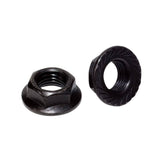 Weldtite 14mm hex head cotterless axle nuts for bike wheel components, shown in close-up with detailed threading.
