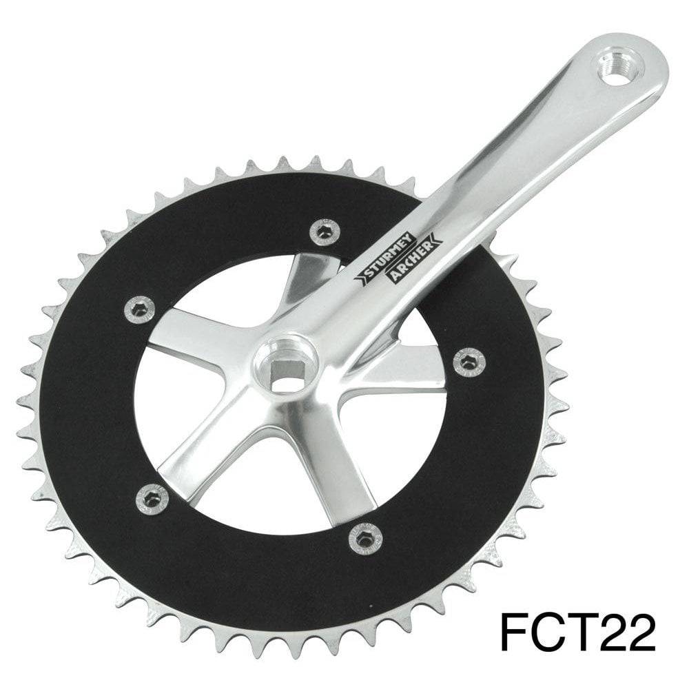 Sturmey Archer FCT22B track crankset with durable black chainring, available in black or silver, for bicycle components.