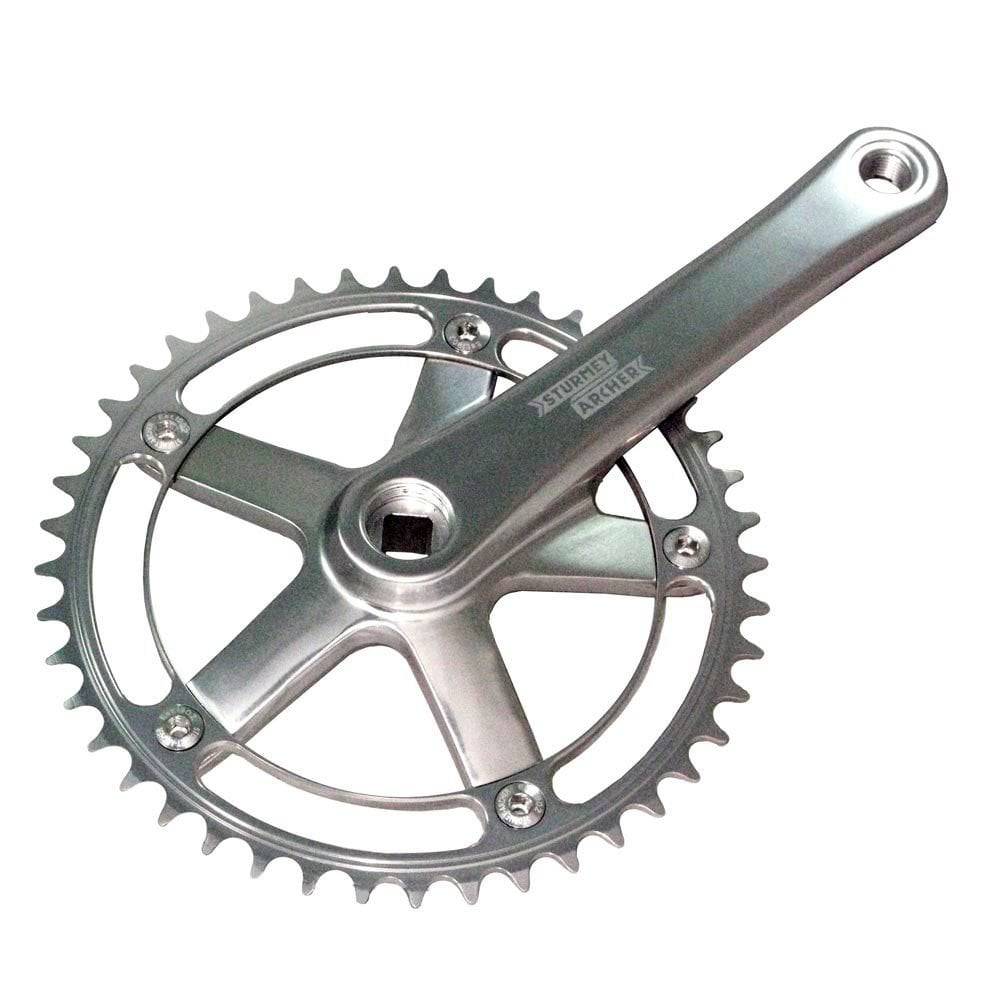 Sturmey Archer FCT62A track cranks with 144 BCD 42-tooth chainrings in anodized colors, bicycle component for performance cycling.