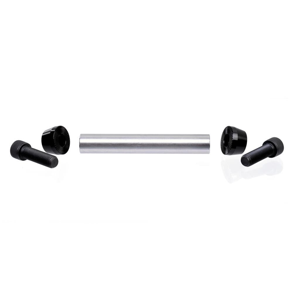 Identiti Rebate 15x100 Thru-Axle kit for front hub conversion, showing metal components and threading for bike compatibility