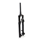 Society Xeno II 100mm dirt jump and street bike forks with adjustable suspension, shown mounted on a mountain bike.