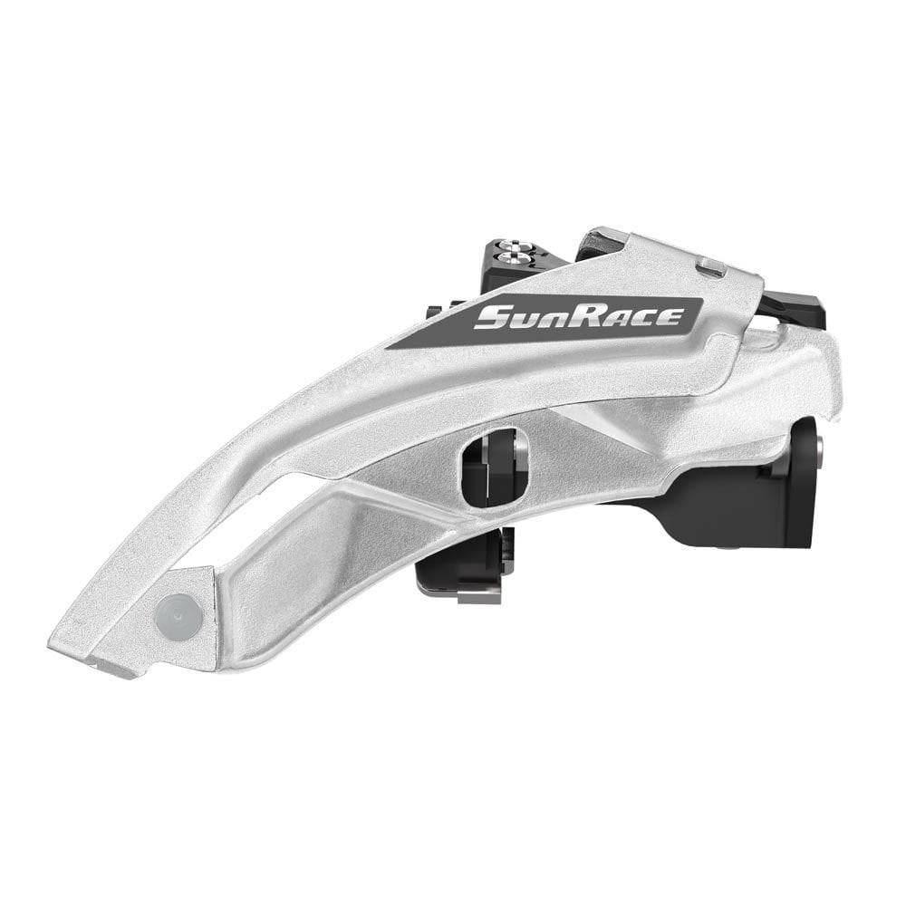 SunRace FDM500 MTB front derailleur with 3x8/7-speed compatibility and multi clamp inserts, mounted on a bike component.