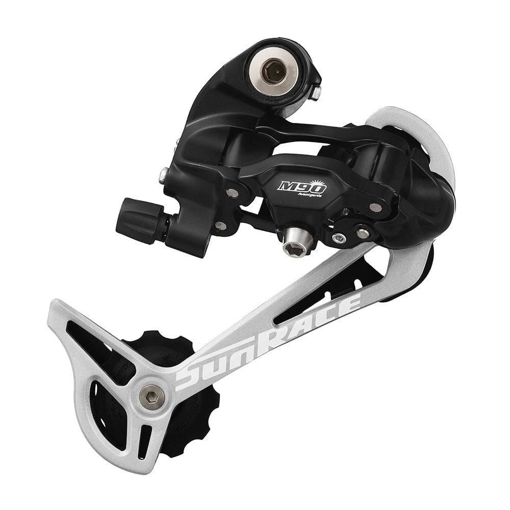 SunRace RDM97 LDB 9-speed mountain bike rear derailleur with long cage, showcasing the black component with metal jockey wheels.