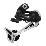 SunRace RDM97 LDB 9-speed mountain bike rear derailleur with long cage, showcasing the black component with metal jockey wheels.