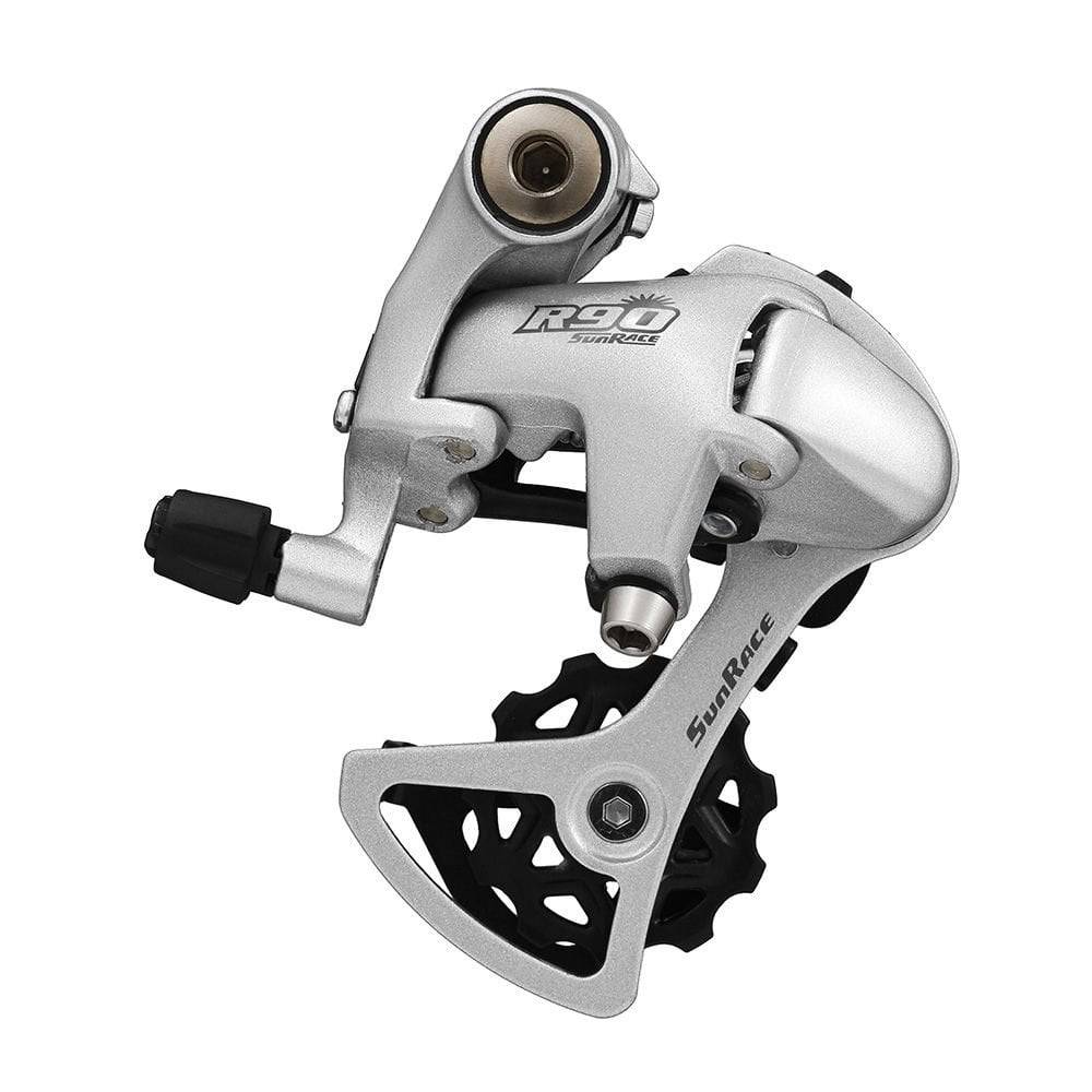 SunRace RDR91 SD 9-speed road bike rear derailleur with medium cage, mounted on bike, showcasing gear mechanism and brand logo.