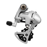 SunRace RDR91 SD 9-speed road bike rear derailleur with medium cage, mounted on bike, showcasing gear mechanism and brand logo.