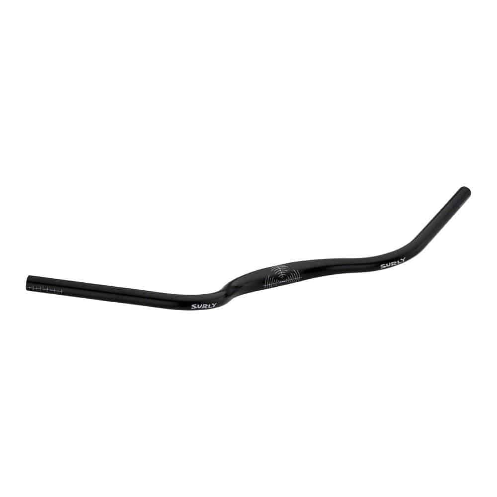 Surly Terminal Bar MTB handlebar with adjustable drop and rise, cruiser-style mountain bike handlebars, black metal components.