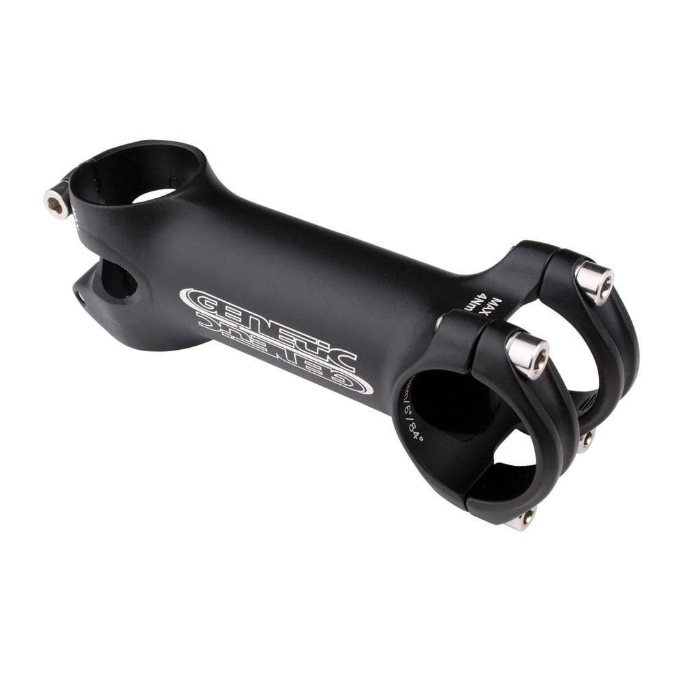 Genetic SLR Road Bike Stem 31.8mm with flip-flop and split bar clamp, showing sleek black bike component with adjustable features.