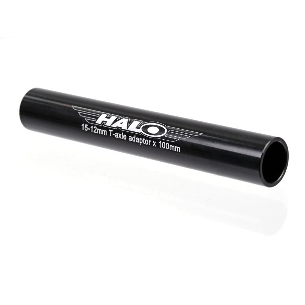 Halo front T-axle adaptor hub converting 15x100mm to 12x100mm for cycling bike components.