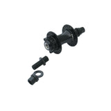 Halo Spin Doctor front hub stub axle with nutted BMX-style replacement axle, showing the metal components and threading.