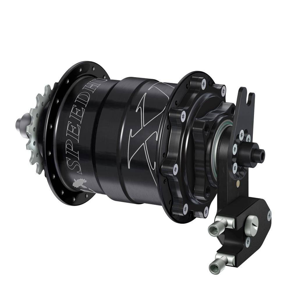 Rohloff Speedhub XXL 190mm bike hub with quick release axle for 10mm systems, featuring black and silver components.