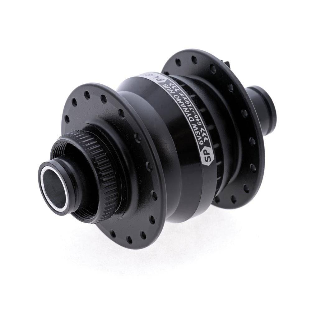 SP Power Dynamo Hub with 6V 3W output, 15mm thru-axle, and center lock disc mount, designed for bicycle wheel components.