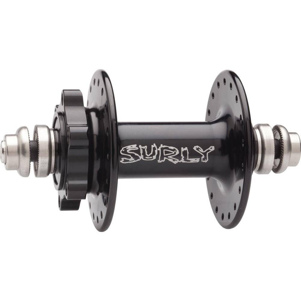Surly Ultra New Disc Hub for bikes, featuring durable construction and quick release conversion, shown in a close-up image.