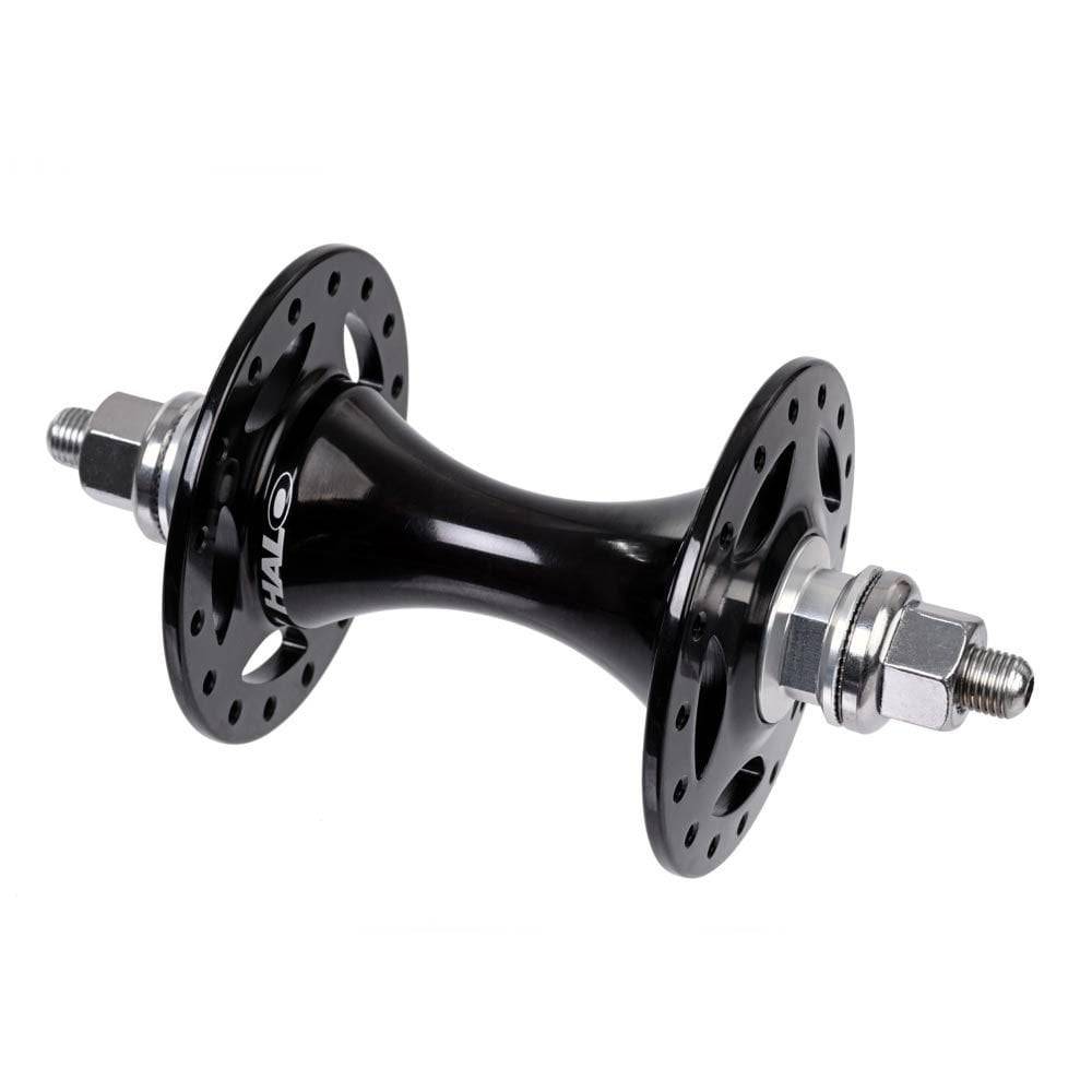 Halo Track Hub with Japanese sealed bearings, 32-hole front cycling hub for track bikes, durable and high-performance component.