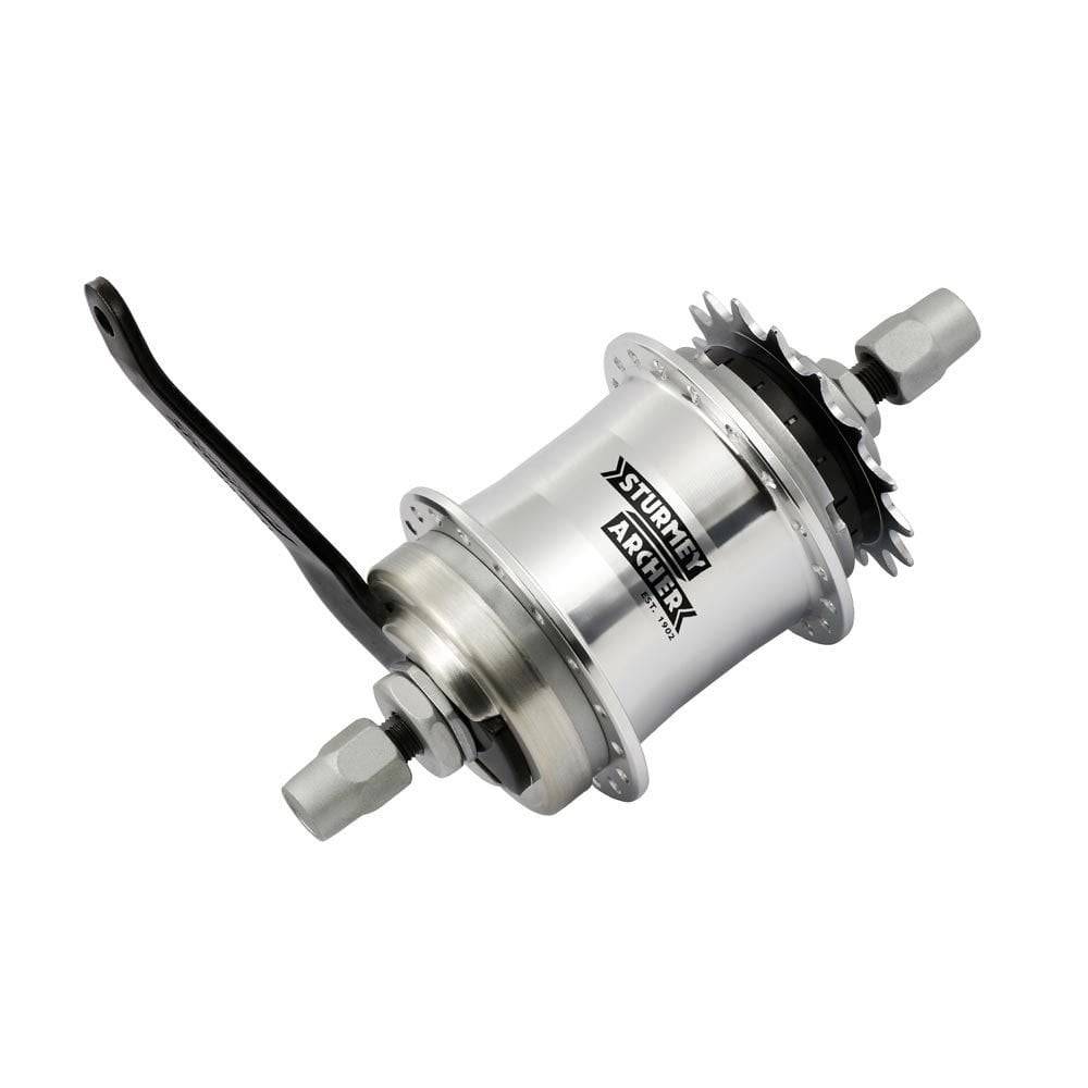 Sturmey Archer S1C single-speed coaster hub with integrated brake for commuter bikes, shown with mounting components.