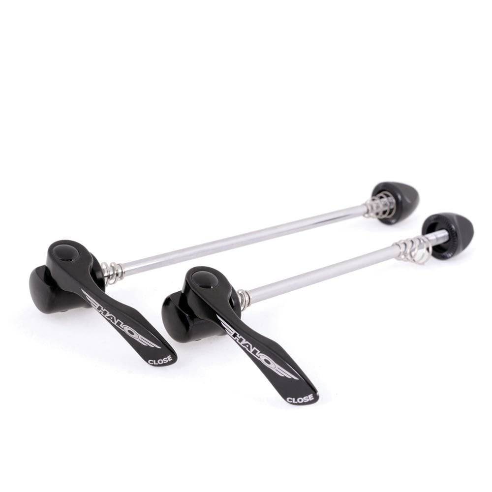 Halo Road Race quick release skewers with alloy handles and chrome-plated shafts for bike wheel security and easy removal.