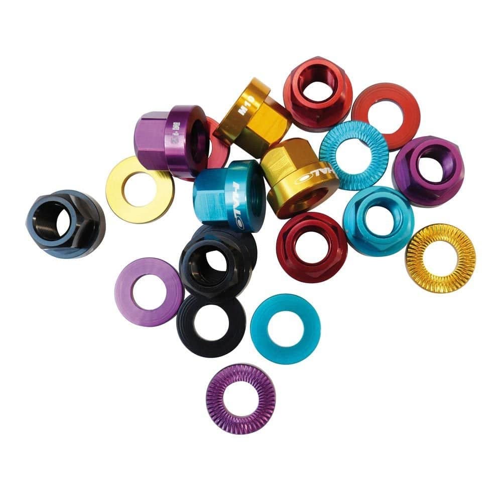 Pair of Halo CNC machined alloy axle nuts in anodized colors for M9 and M10 hubs, automotive wheel components.