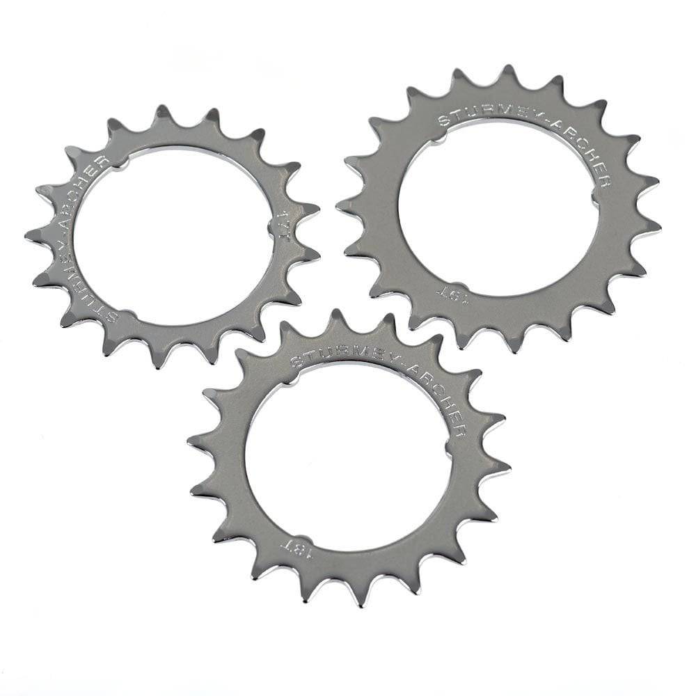 Chrome-plated Sturmey Archer 3-dog hub sprocket replacement spares, 13T to 21T, for bicycle hub components.