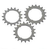 Chrome-plated Sturmey Archer 3-dog hub sprocket replacement spares, 13T to 21T, for bicycle hub components.