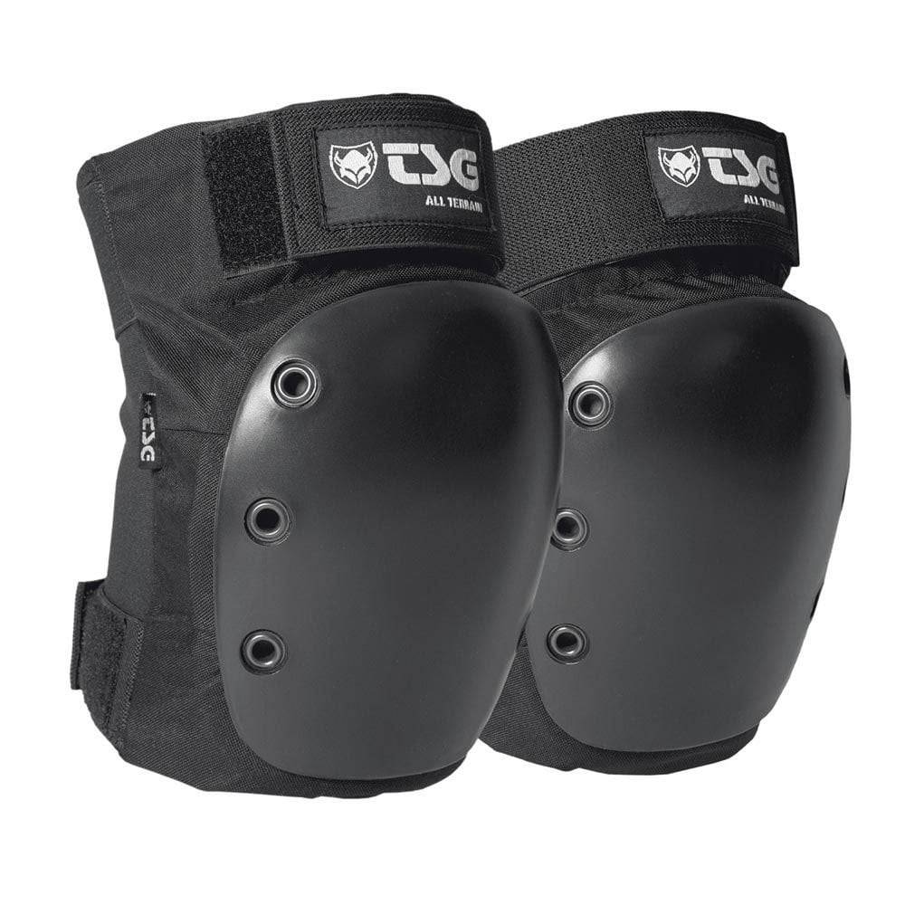 TSG All Terrain knee pads with adjustable straps for skateboarding and street skating protection, featuring durable padding and straps