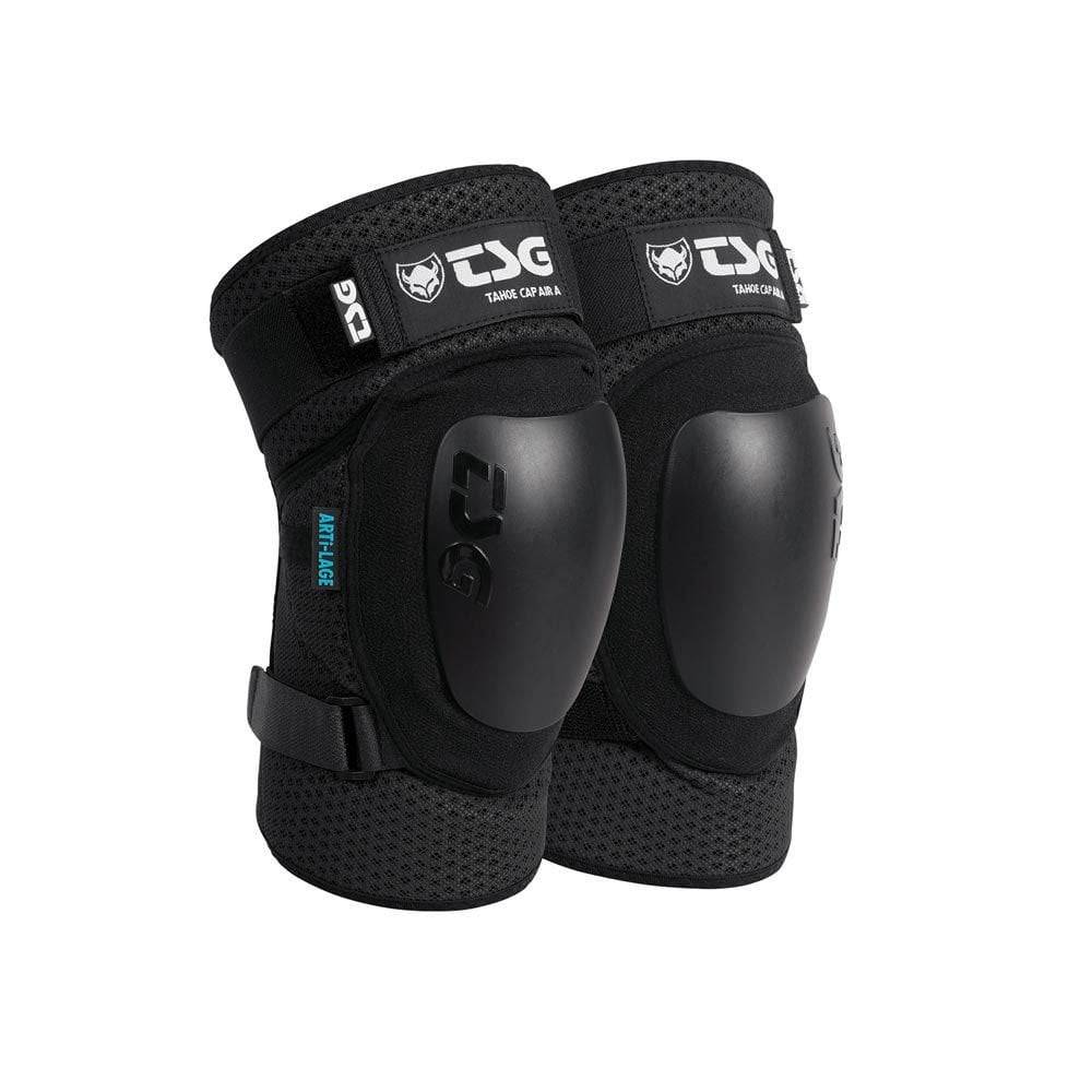 TSG youth mountain biking knee guard with protective padding and adjustable straps for knee safety during outdoor riding.