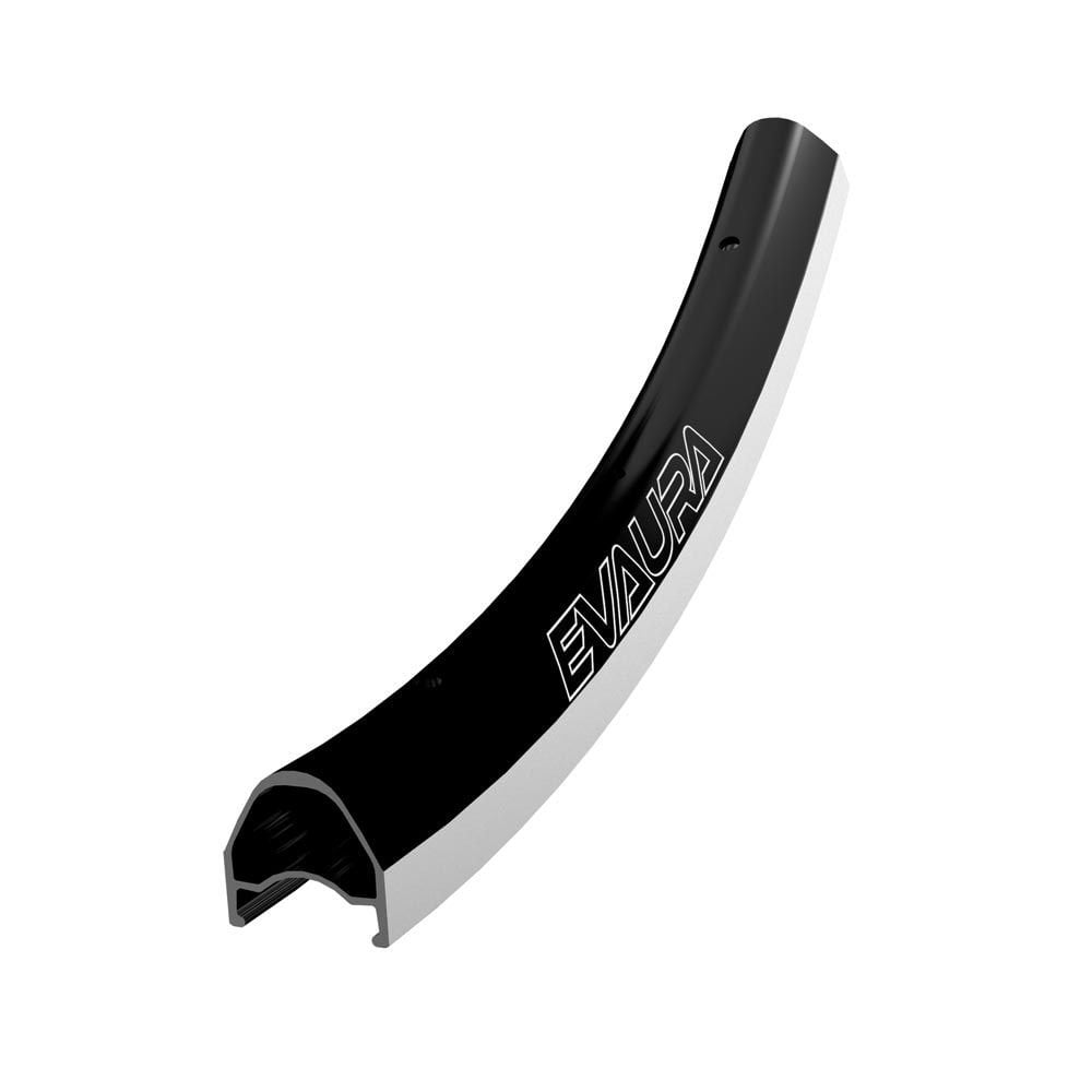 Halo Evaura 700C alloy road bike rims compatible with disc and rim brakes, shown with close-up of brake compatibility and wheel details.