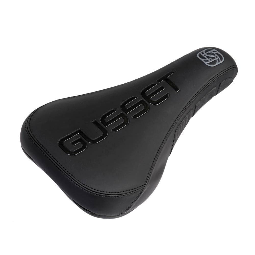 Gusset Components S2 DJ saddle with pivotal stealth fit and anti-slide grip, designed for BMX and mountain biking.