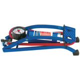 Draper foot pump with double barrel design for efficient tire inflation, shown on a workshop floor.
