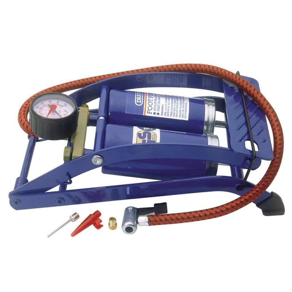 Draper foot pump with double barrel design for efficient tire inflation, shown with hose and pressure gauge.