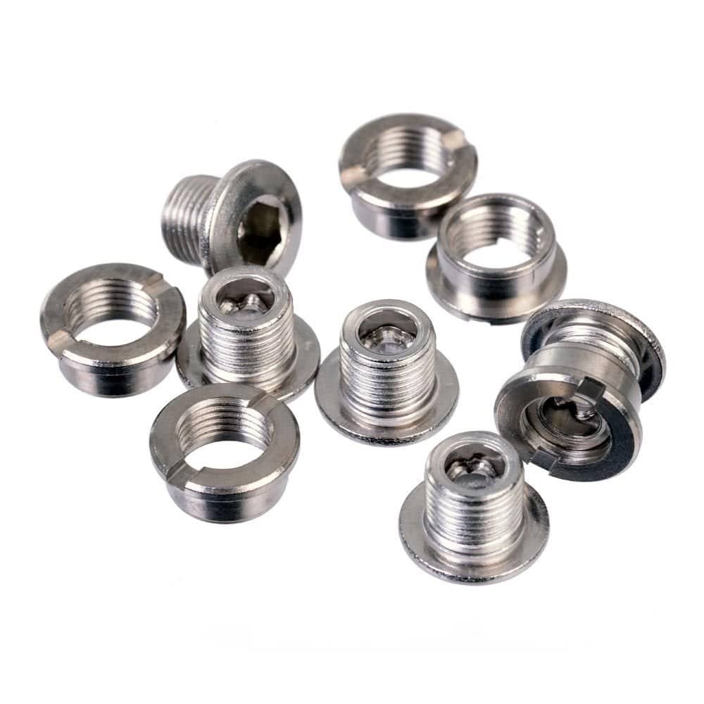 Set of five ID stainless steel chainring bolts, double size spares and accessories for bike components.